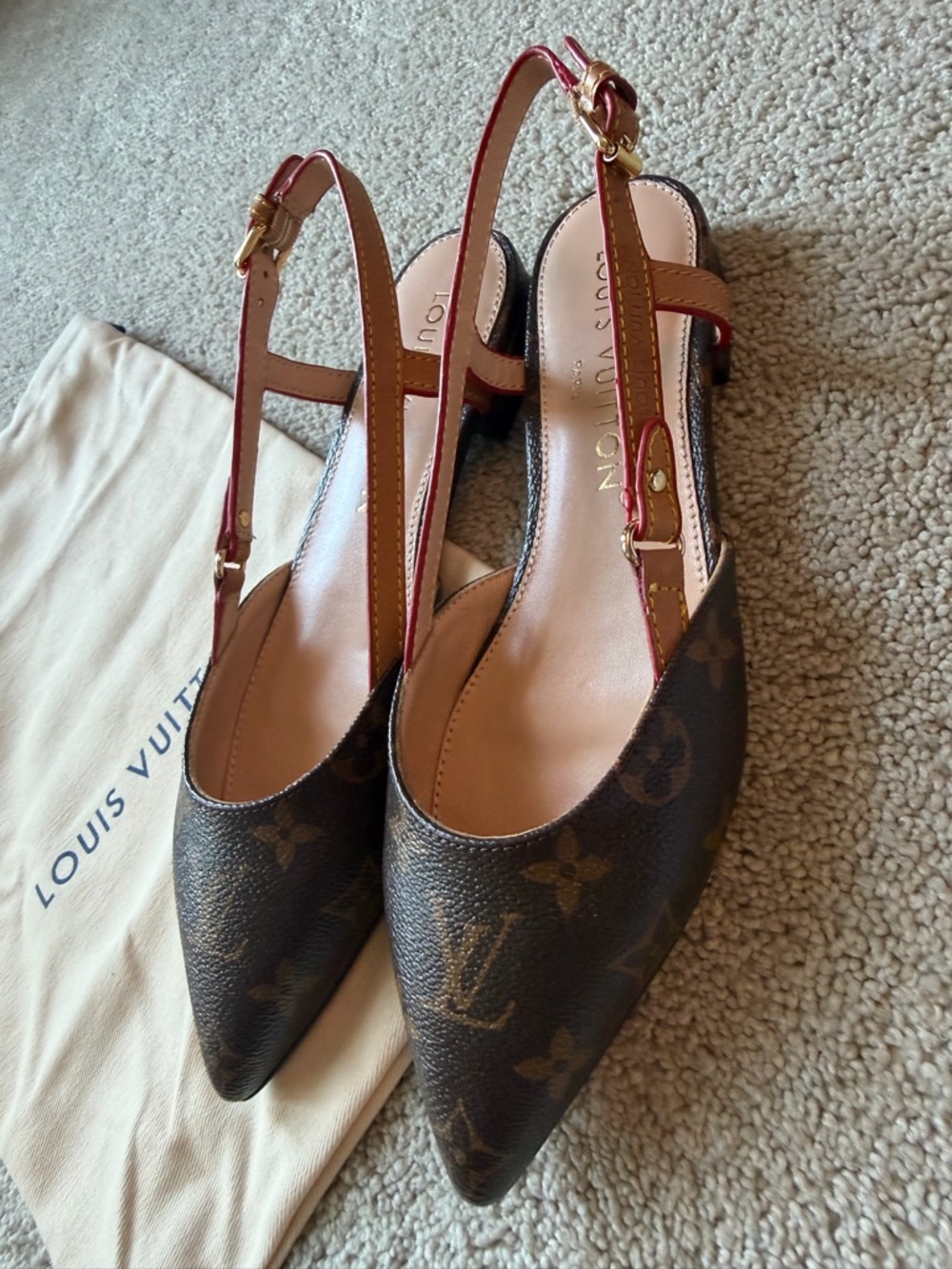 LV Monogram Pointed-Toe Slingback in Brown and Red 37 - Picture 3 of 13